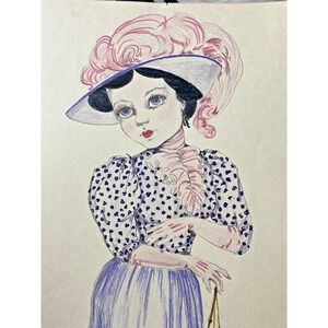 Ellen Nelson Colored Page Art Print Gibson Girl 17.5"x12" Vintage Big Eye Woman